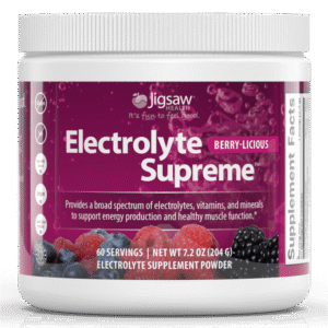 Jigsaw Electrolyte Supreme Berry-Licious supplement powder, 60 servings, with electrolytes, vitamins, and minerals for hydration and energy