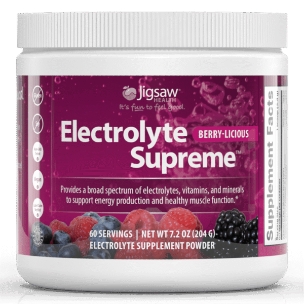 Jigsaw Electrolyte Supreme Berry-Licious supplement powder, 60 servings, with electrolytes, vitamins, and minerals for hydration and energy