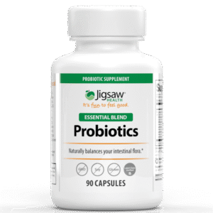 igsaw Health Essential Blend Probiotics bottle with 90 capsules for digestive health and balanced intestinal flora.