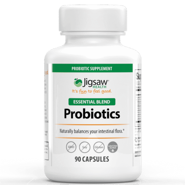 igsaw Health Essential Blend Probiotics bottle with 90 capsules for digestive health and balanced intestinal flora.
