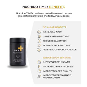 nuchido time+ benefits infographic showing cellular and whole-body health support from nad+ supplement