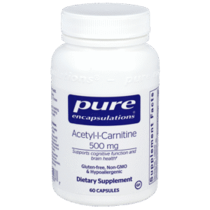 Pure Encapsulations Acetyl-L-Carnitine 500 mg dietary supplement bottle, 60 capsules, supports cognitive function and brain health.