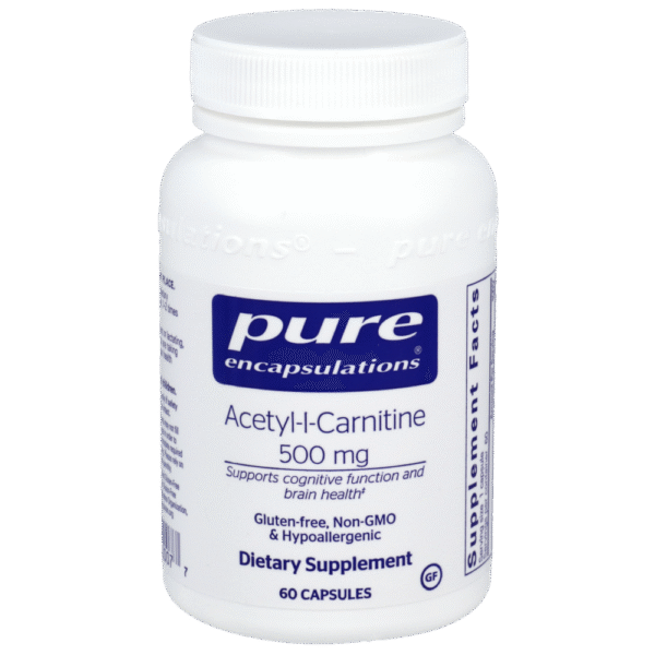 Pure Encapsulations Acetyl-L-Carnitine 500 mg dietary supplement bottle, 60 capsules, supports cognitive function and brain health.