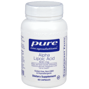 Pure Encapsulations Alpha Lipoic Acid 600 mg dietary supplement bottle, 60 capsules, supports glucose metabolism and nerve health.