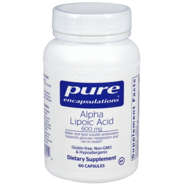 Pure Encapsulations Alpha Lipoic Acid 600 mg dietary supplement bottle, 60 capsules, supports glucose metabolism and nerve health.