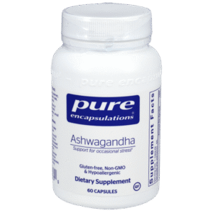 Pure Encapsulations Ashwagandha 500 mg dietary supplement bottle, 60 capsules, supports stress relief and overall health.