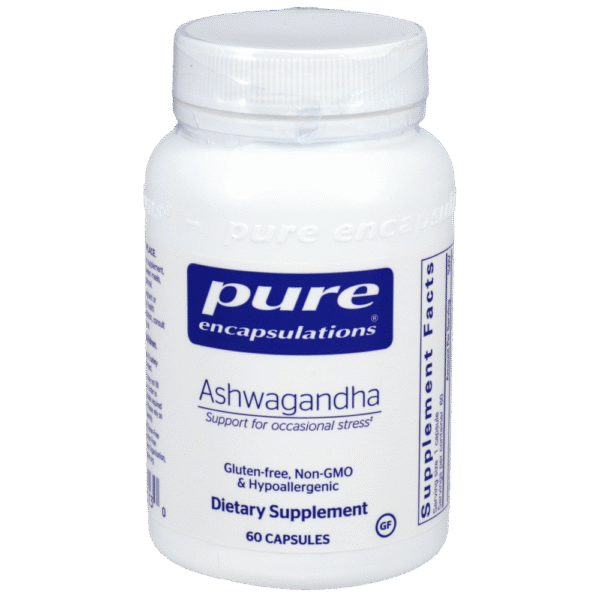 Pure Encapsulations Ashwagandha 500 mg dietary supplement bottle, 60 capsules, supports stress relief and overall health.