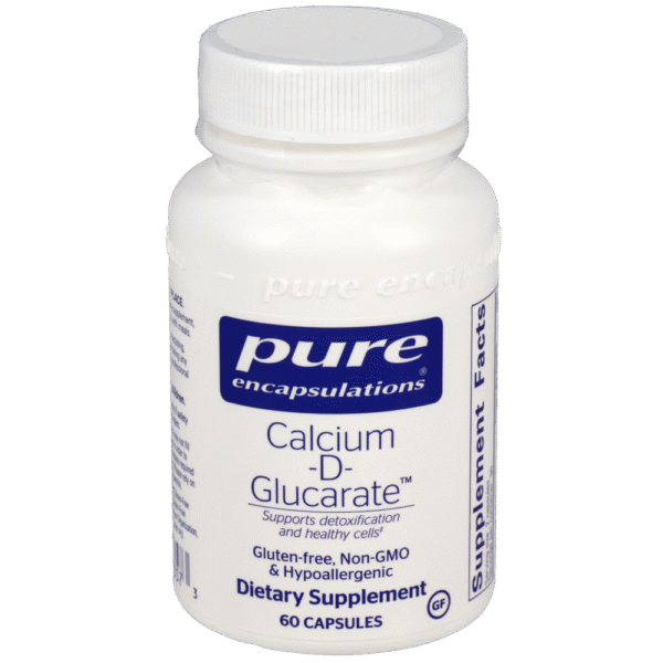 Pure Encapsulations Calcium-D-Glucarate supplement bottle, 60 capsules, supports detoxification and cellular health