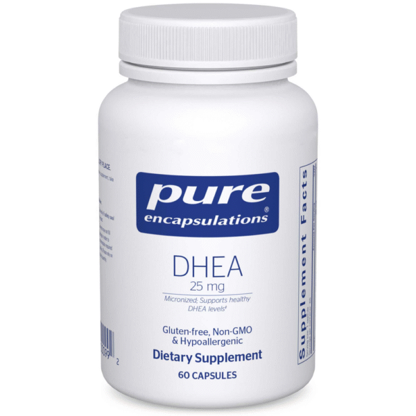 Pure Encapsulations DHEA 25 mg dietary supplement bottle, 60 capsules, micronized for better absorption to support hormone balance and energy.