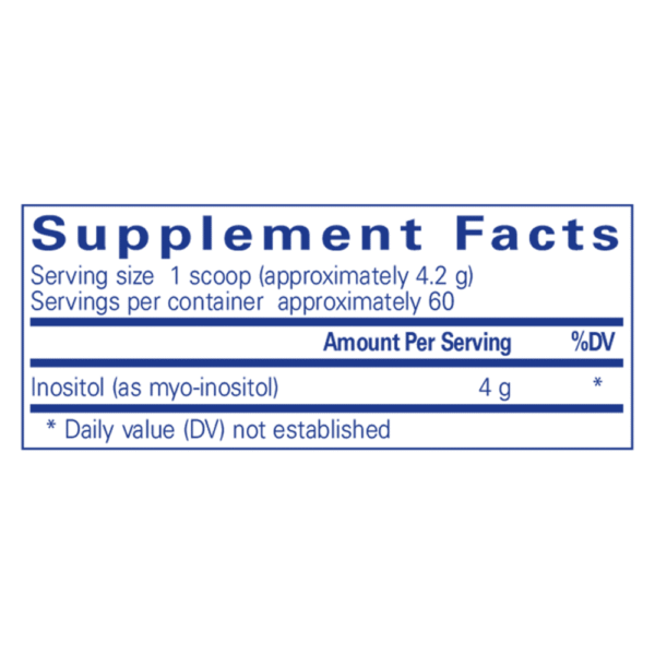Supplement facts for Pure Encapsulations Inositol powder showing 4 g myo-inositol per scoop, approximately 60 servings per container.