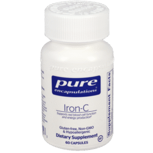 Pure Encapsulations Iron-C dietary supplement bottle, 60 capsules, with vitamin C and highly absorbable iron for muscle and red blood cell support.