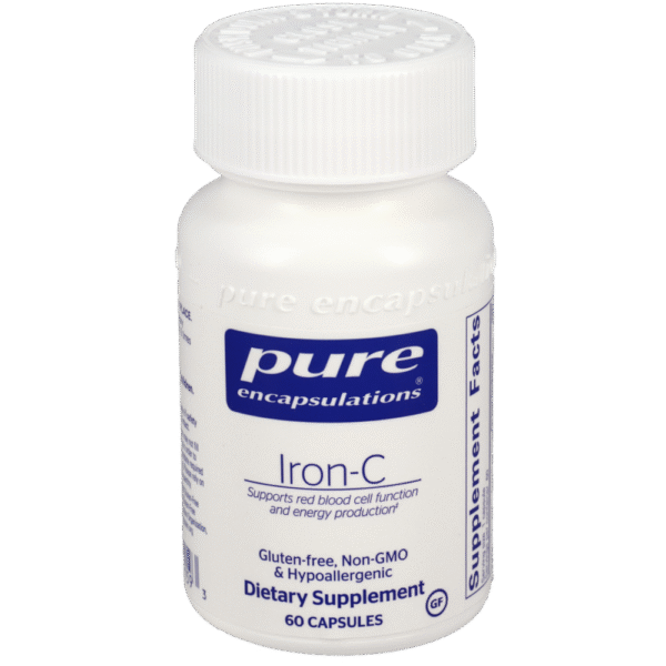 Pure Encapsulations Iron-C dietary supplement bottle, 60 capsules, with vitamin C and highly absorbable iron for muscle and red blood cell support.