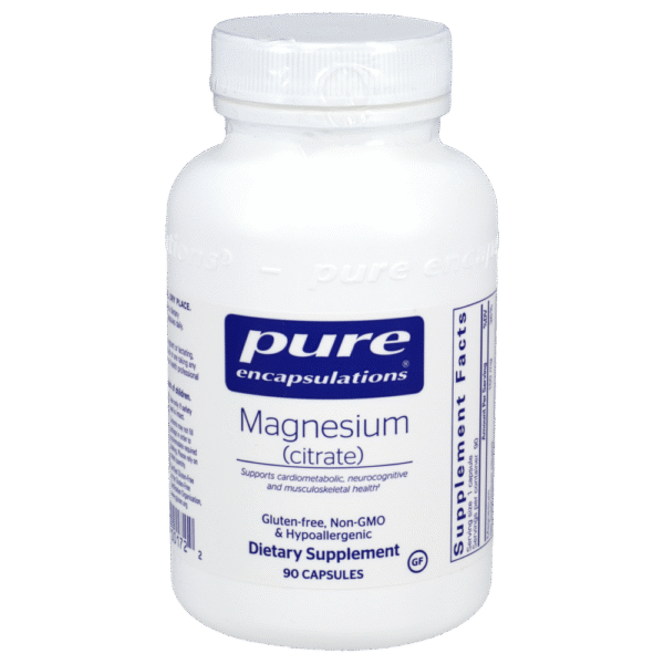 Pure Encapsulations Magnesium Citrate 150 mg dietary supplement bottle, 90 capsules, supports energy, metabolism, and heart health.