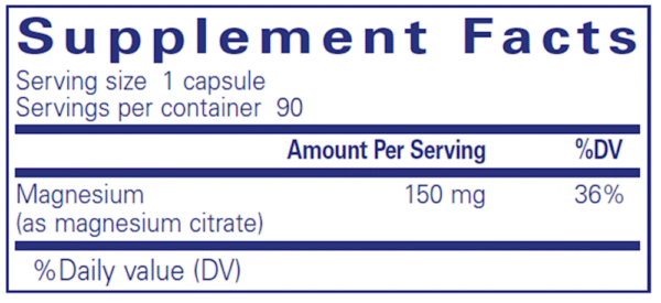 Supplement facts for Pure Encapsulations Magnesium Citrate showing 150 mg magnesium per capsule, 90 servings per container.