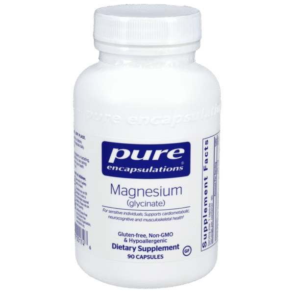 Pure Encapsulations Magnesium Glycinate dietary supplement bottle, 90 capsules, gluten-free and hypoallergenic.