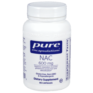 Pure Encapsulations NAC 600 mg dietary supplement bottle, 90 capsules, supports respiratory health, glutathione production, and detoxification.