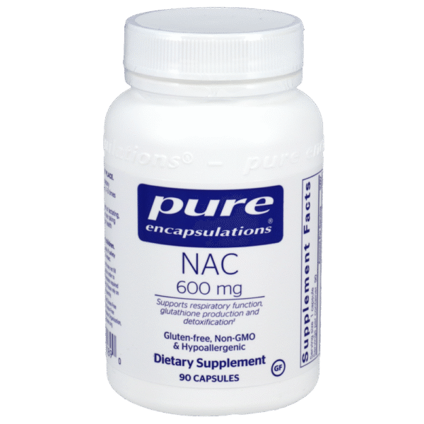 Pure Encapsulations NAC 600 mg dietary supplement bottle, 90 capsules, supports respiratory health, glutathione production, and detoxification.
