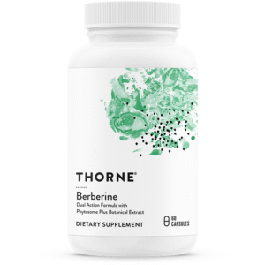 Thorne Berberine dietary supplement bottle, 60 capsules, dual-action formula with phytosome and botanical extract.