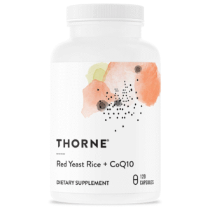 Thorne Red Yeast Rice + CoQ10 dietary supplement bottle, 120 capsules, supports cholesterol and cardiovascular health.
